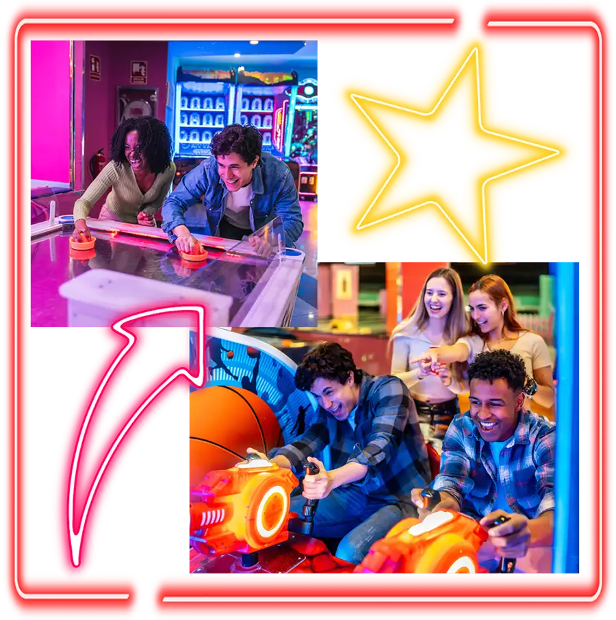 Collage of friends playing air hockey and arcade shooting games at Jax 60 arcade in Jackson, Michigan