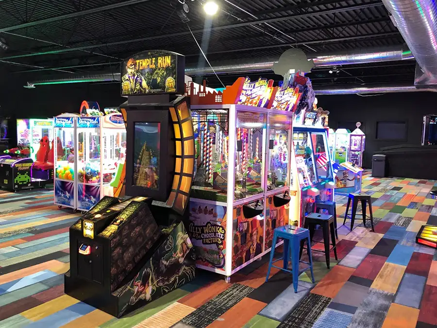 Temple Run and Willy Wonka themed arcade games and claw machines at Jax 60 in Jackson, Michigan