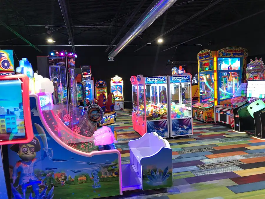 Pirate-themed game and claw machines at the arcade at Jax 60 in Jackson, Michigan