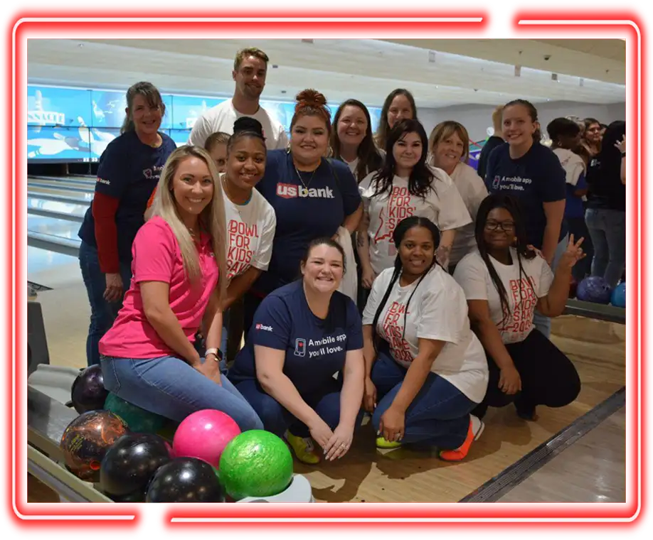 Large group photo of bowling league participants at Jax 60 in Jackson, Michigan, Fundraising event