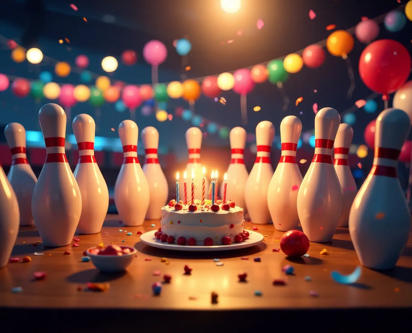 Birthday cake surrounded by bowling pins and balloons for a party at Jax 60 in Jackson, Michigan