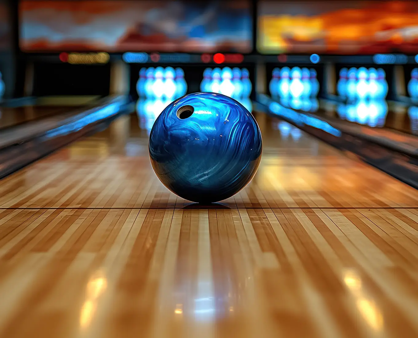 Blue bowling ball on the lane approaching lit-up pins at Jax 60 in Jackson, Michigan
